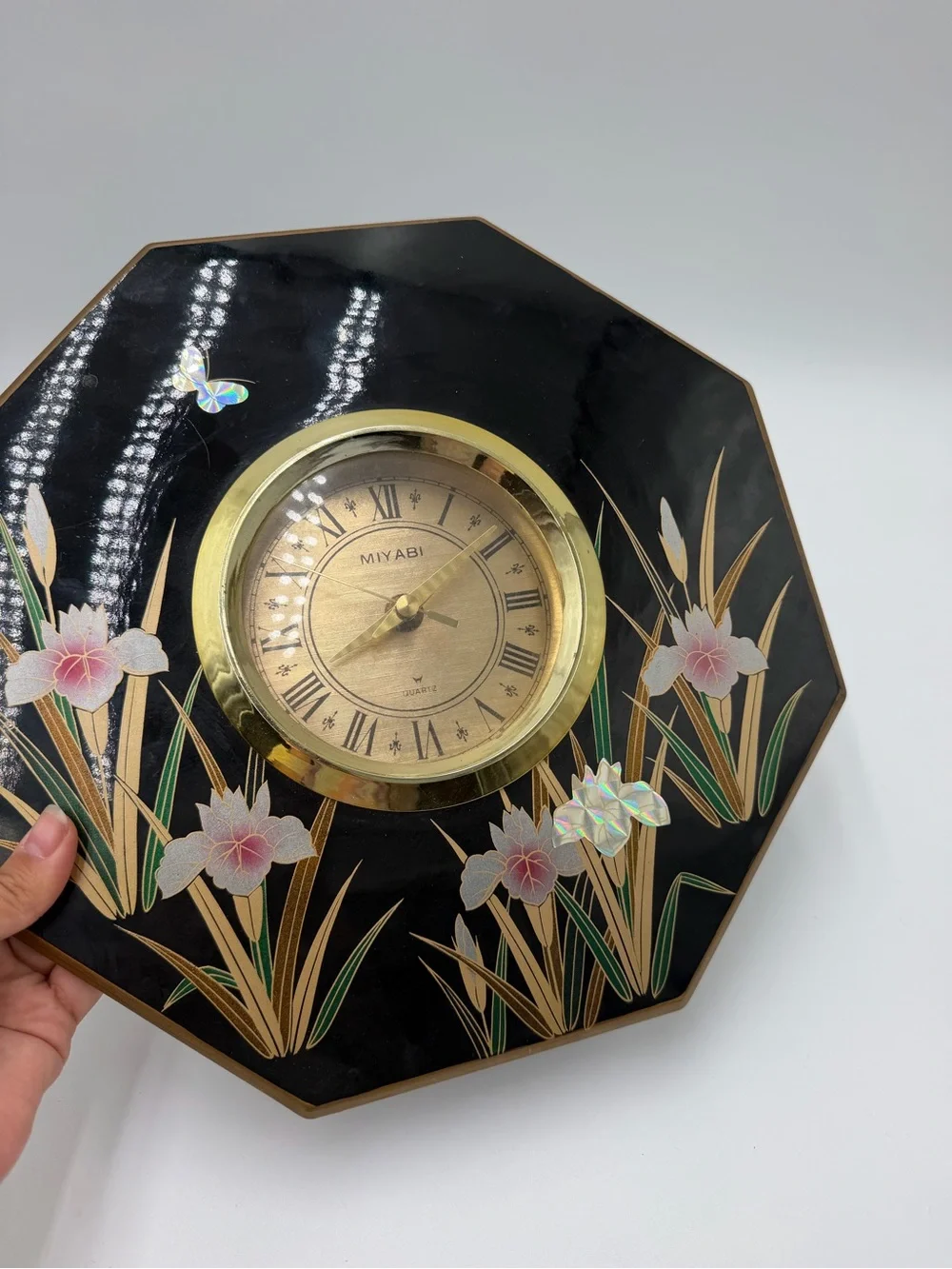 Art Deco Miyabi Quartz Clock Japan Black Lacquer Iris Floral MCM Rare - See Desc